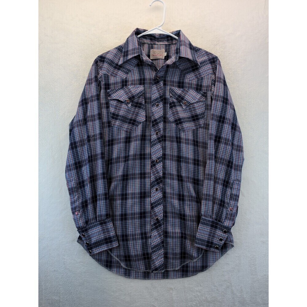 VTG H Bar C 14.5-33 Ranchwear Long Tail Pearl Snap Blue Plaid Shirt Western 70s